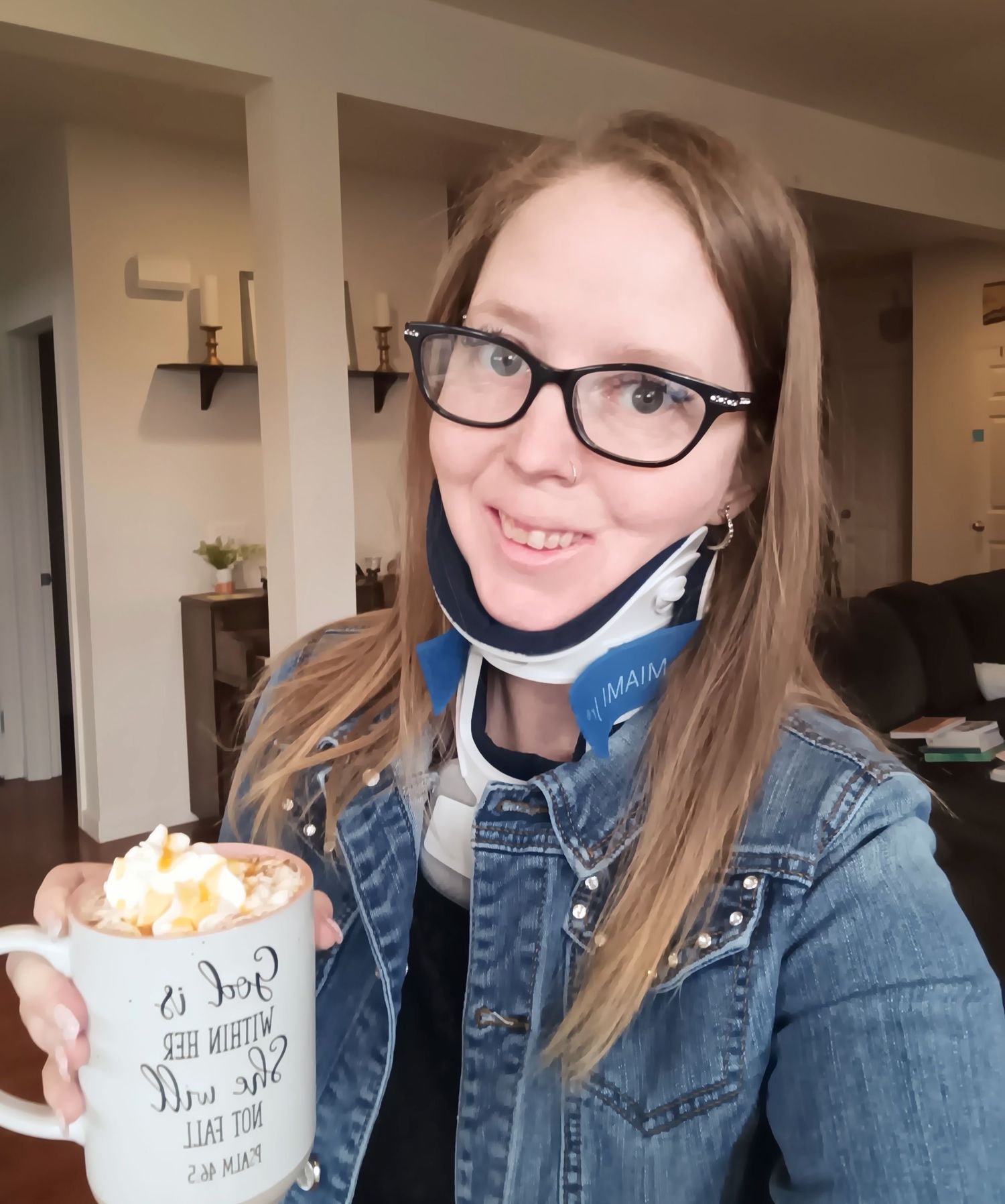 A person in glasses and denim jacket shows off a series of selfies with popcorn and snacks.