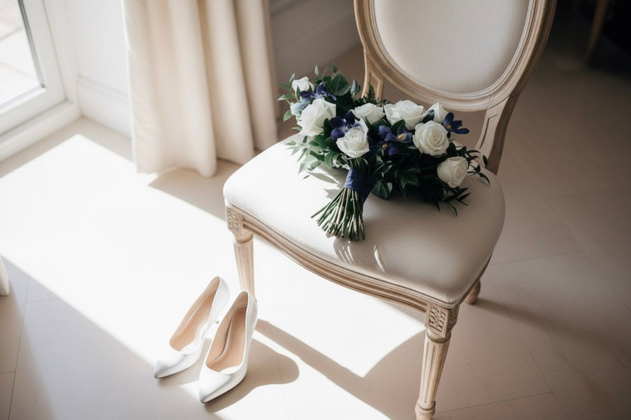 Elegant wedding details featuring white floral arrangements, bridal shoes, and vintage-style furniture in natural light.