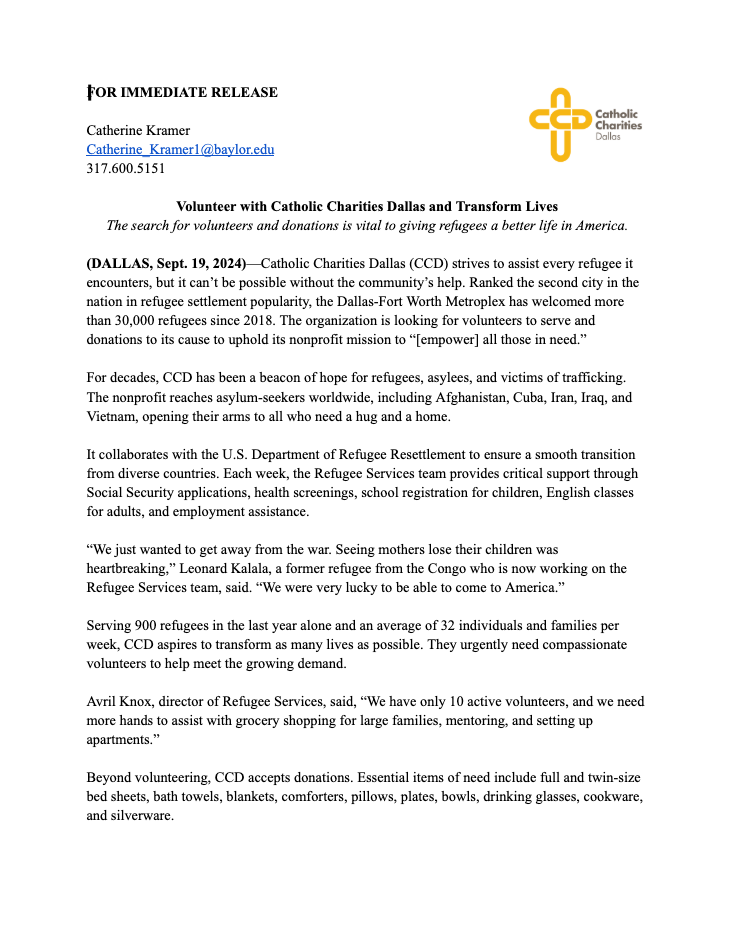 Press release for Catholic Charities Dallas seeking volunteers to support refugee services and transform lives.