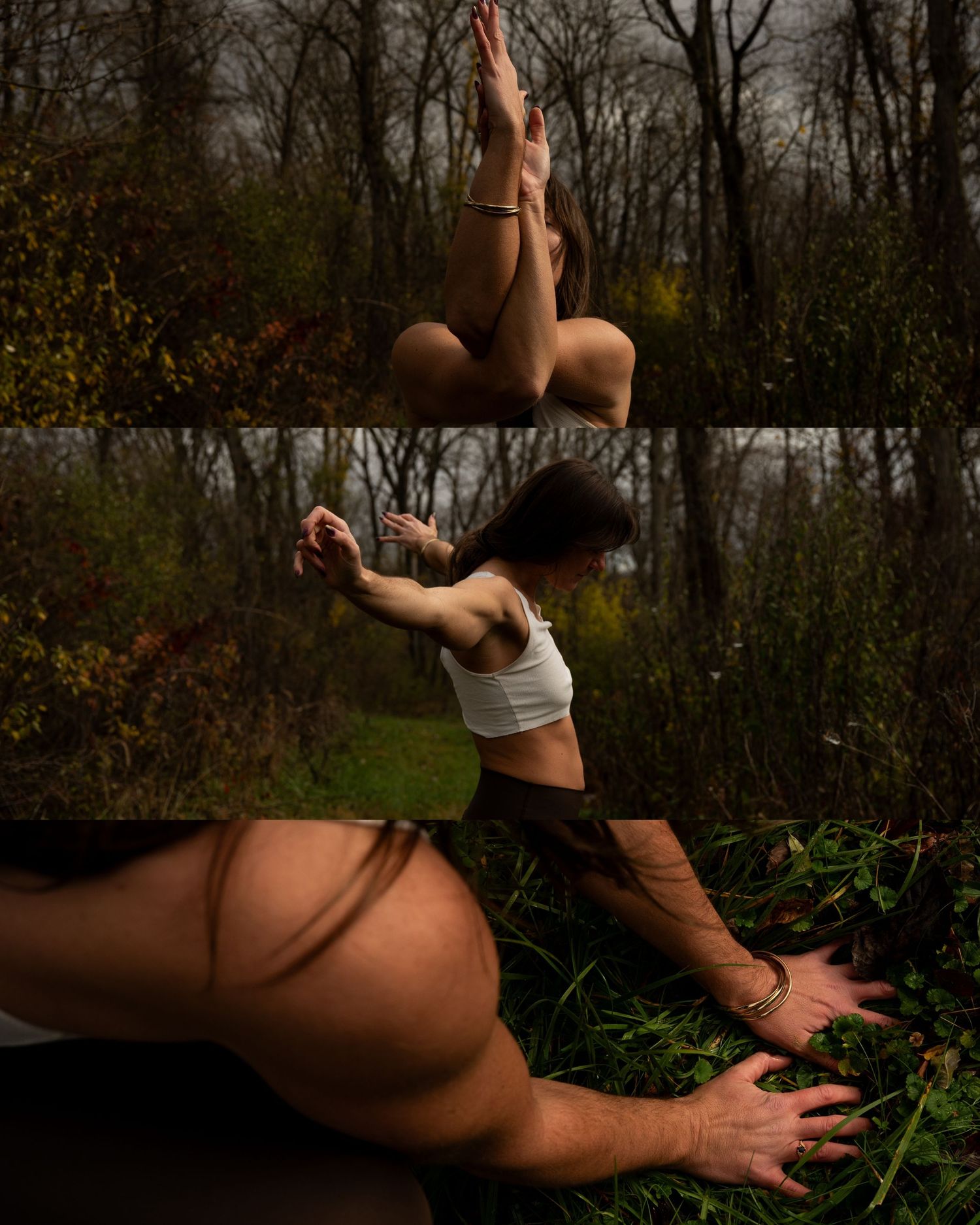 A figure poses gracefully against a natural wooded backdrop in artistic nude photography.