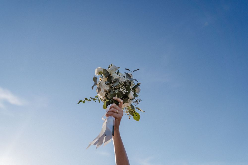 un bouquet de fleurs en l'air avec le ciel en fond