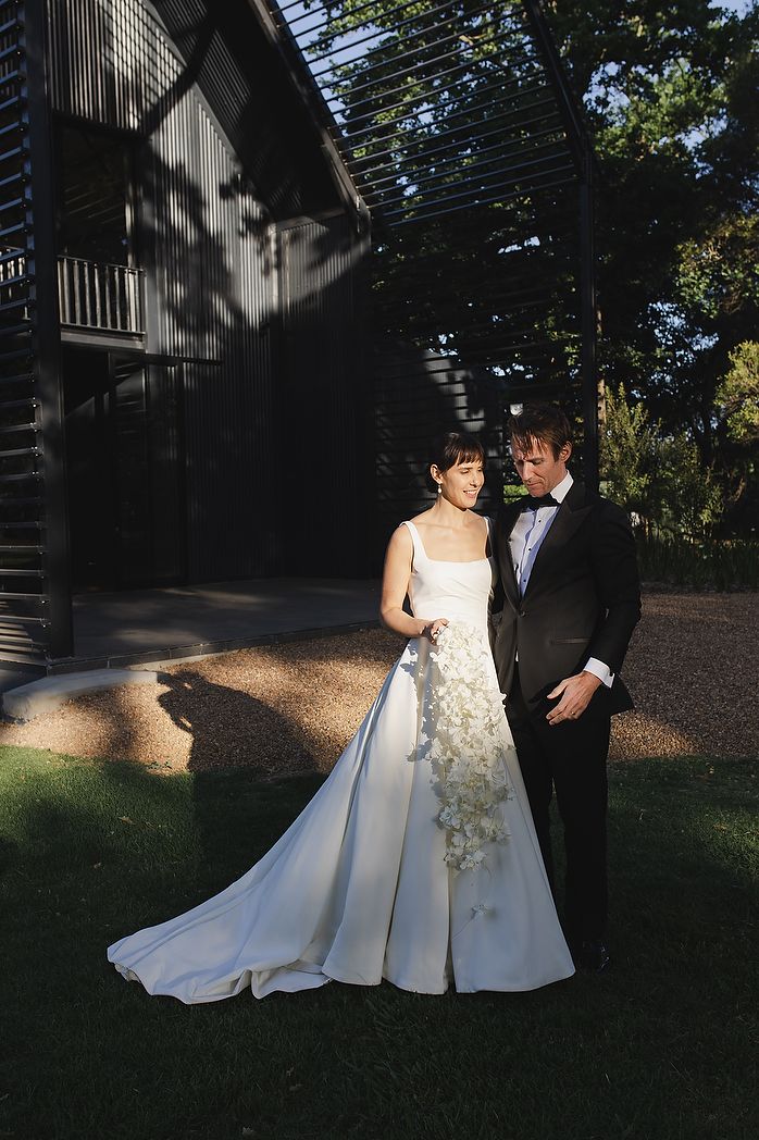 Bride and groom at golden hour.