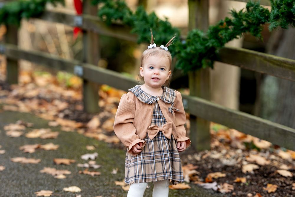 Cute toddler girl in vintage plaid dress with bow walking along festive holiday decorated path.