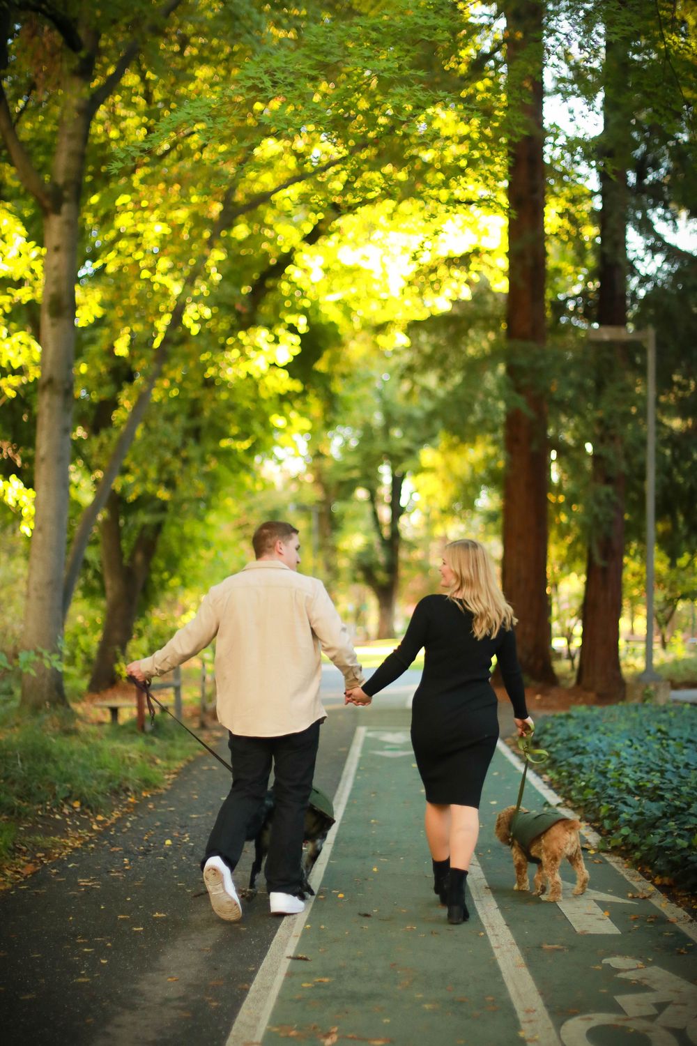 Couple walking playfully with their dog on a tree-lined path.