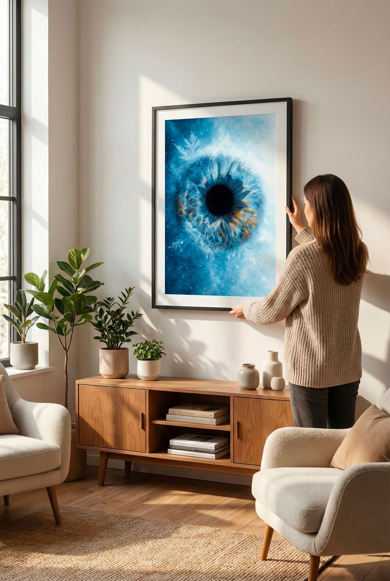 A person in a cozy living room admires blue abstract artwork on white walls with modern wooden furniture and plants.