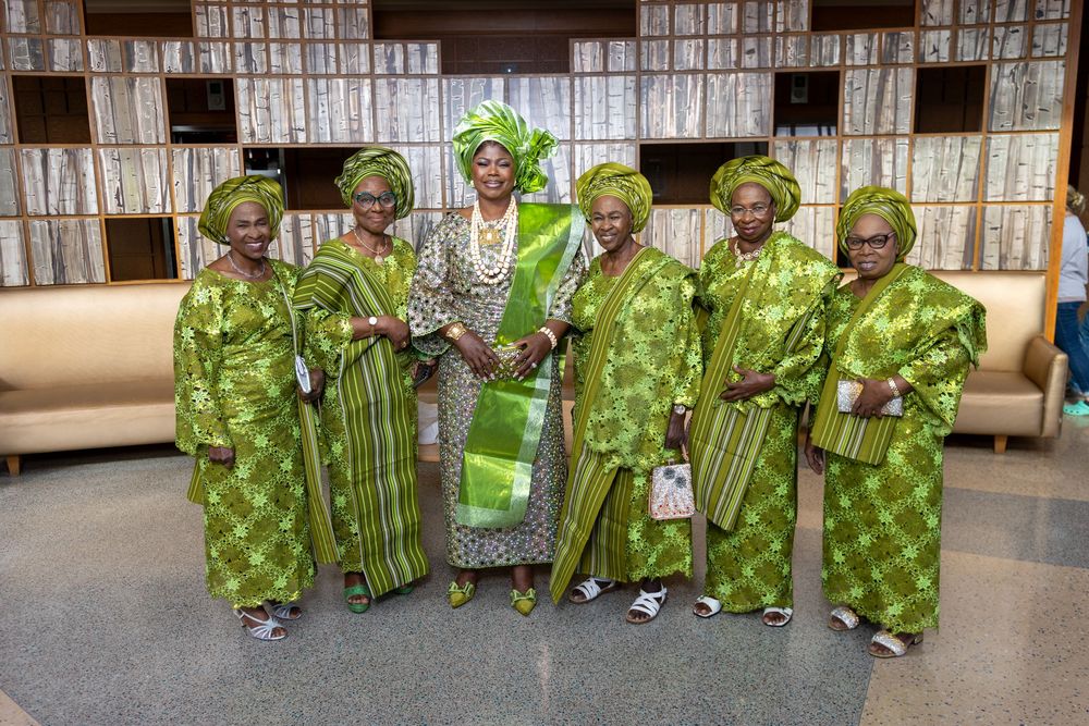 A series of traditional African wedding celebration photos showing guests in vibrant green and white attire.