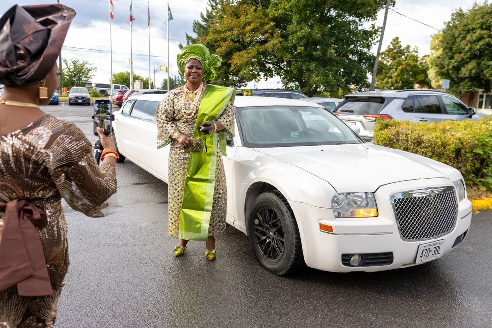 A collage of wedding photos showing a limousine arrival and guests in formal attire outside a venue.