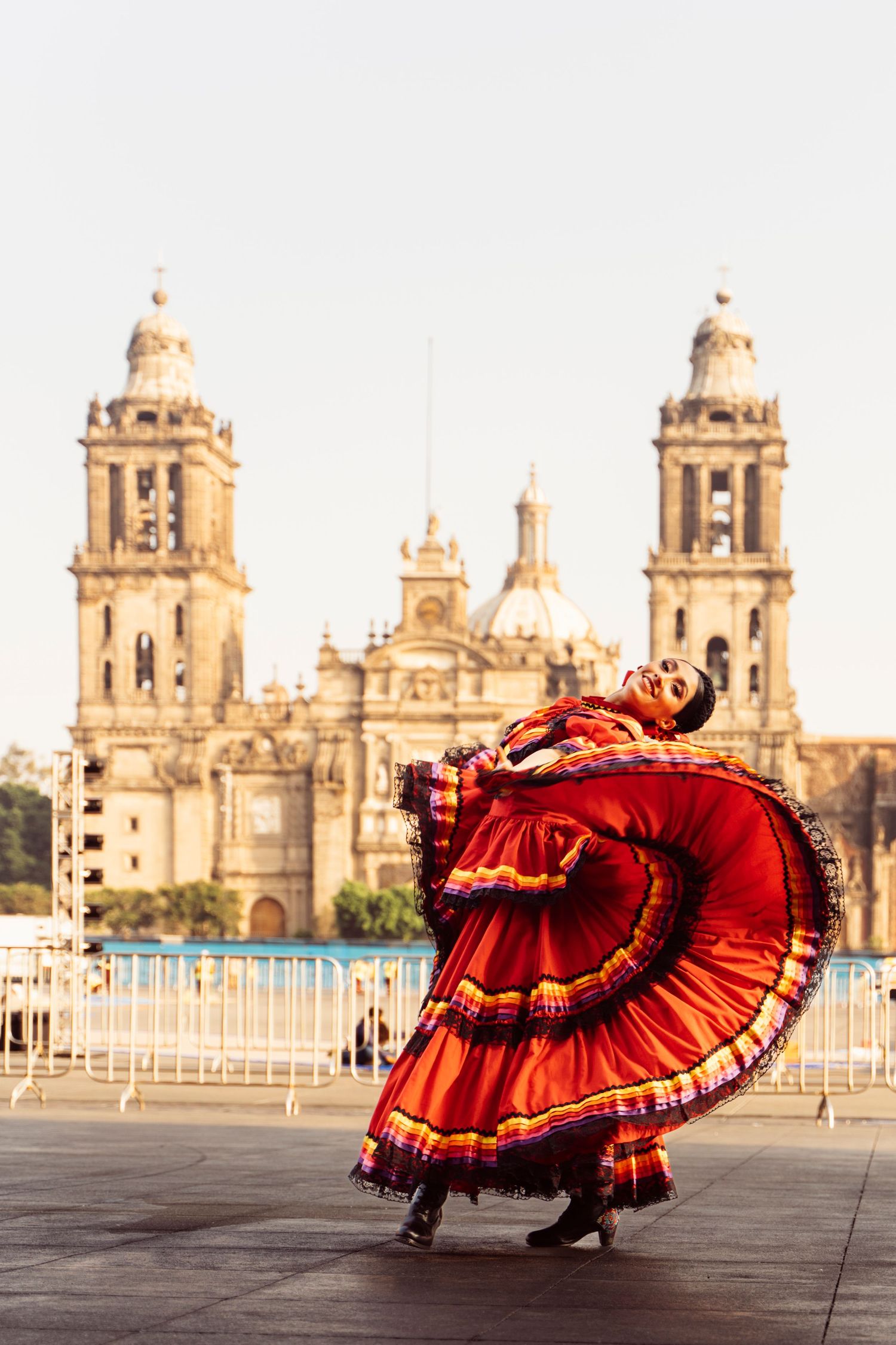 Professional Ballet Folklórico dance photoshoot with a Ballet Folklórico de México dancer outside Mexico City Metropolitan Cathedral