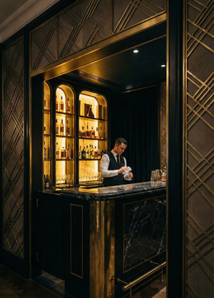 Portrait photo of a bartender at a bar in a Los Angeles Luxury Hotel