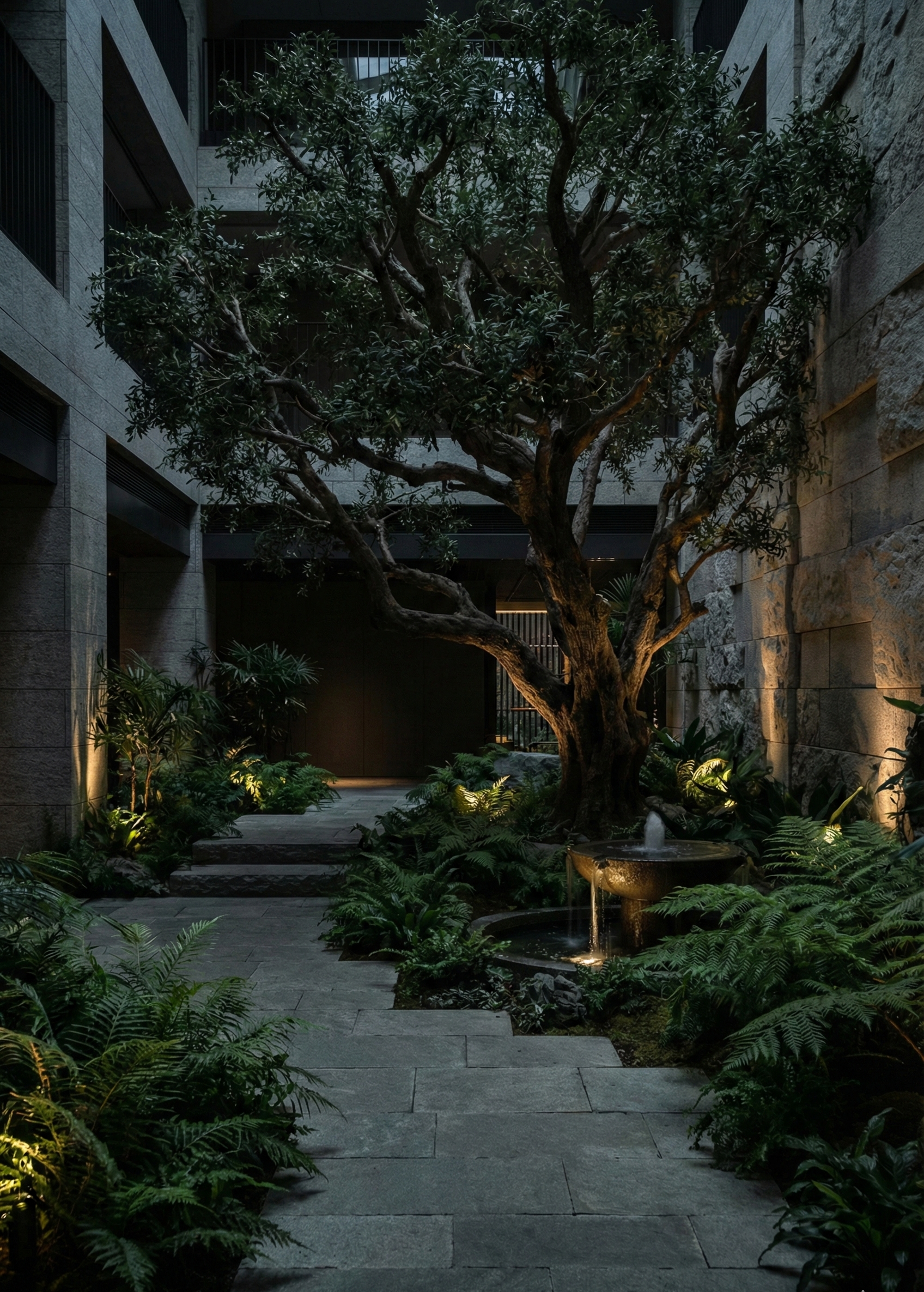 Landscape photo of a luxury hotel courtyard in Los Angeles, California