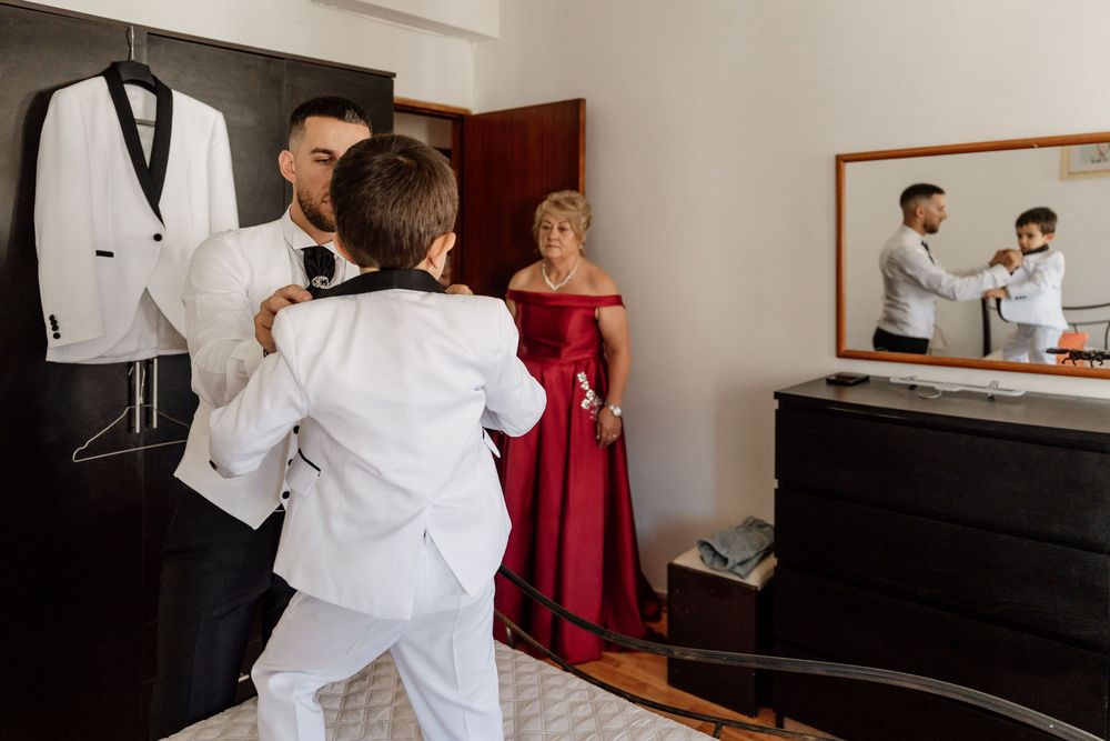 A series of photos showing a person in white clothing playing a piano in a room with wooden floors and white walls.
