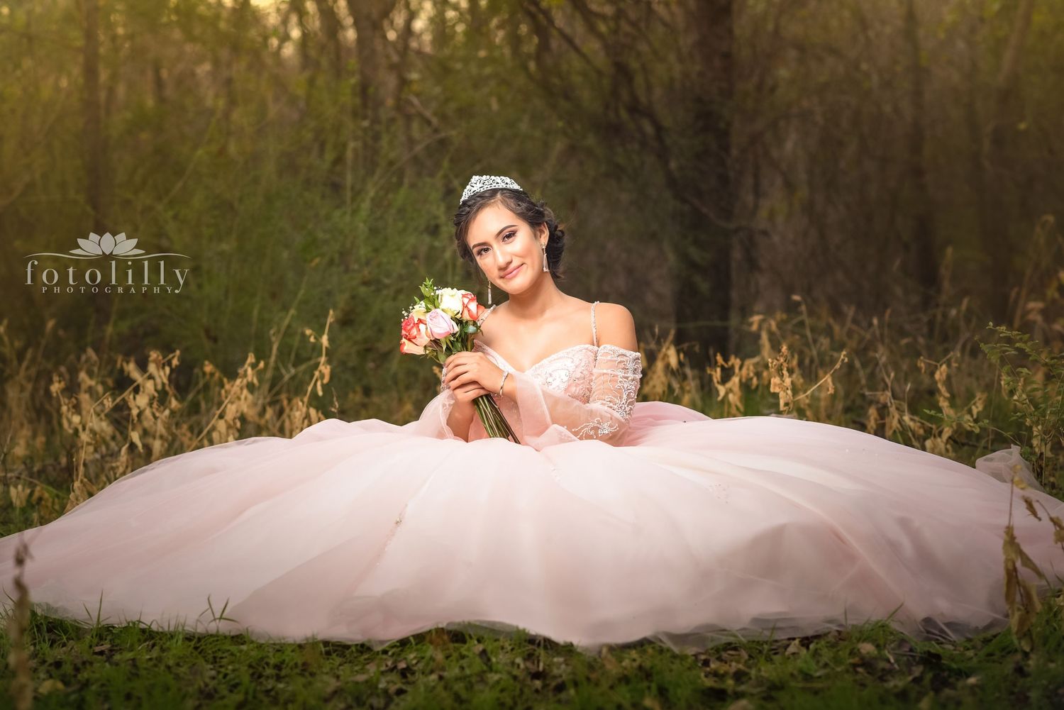 Outdoor quince photography location in DFW ideal for large quince gowns and family photos