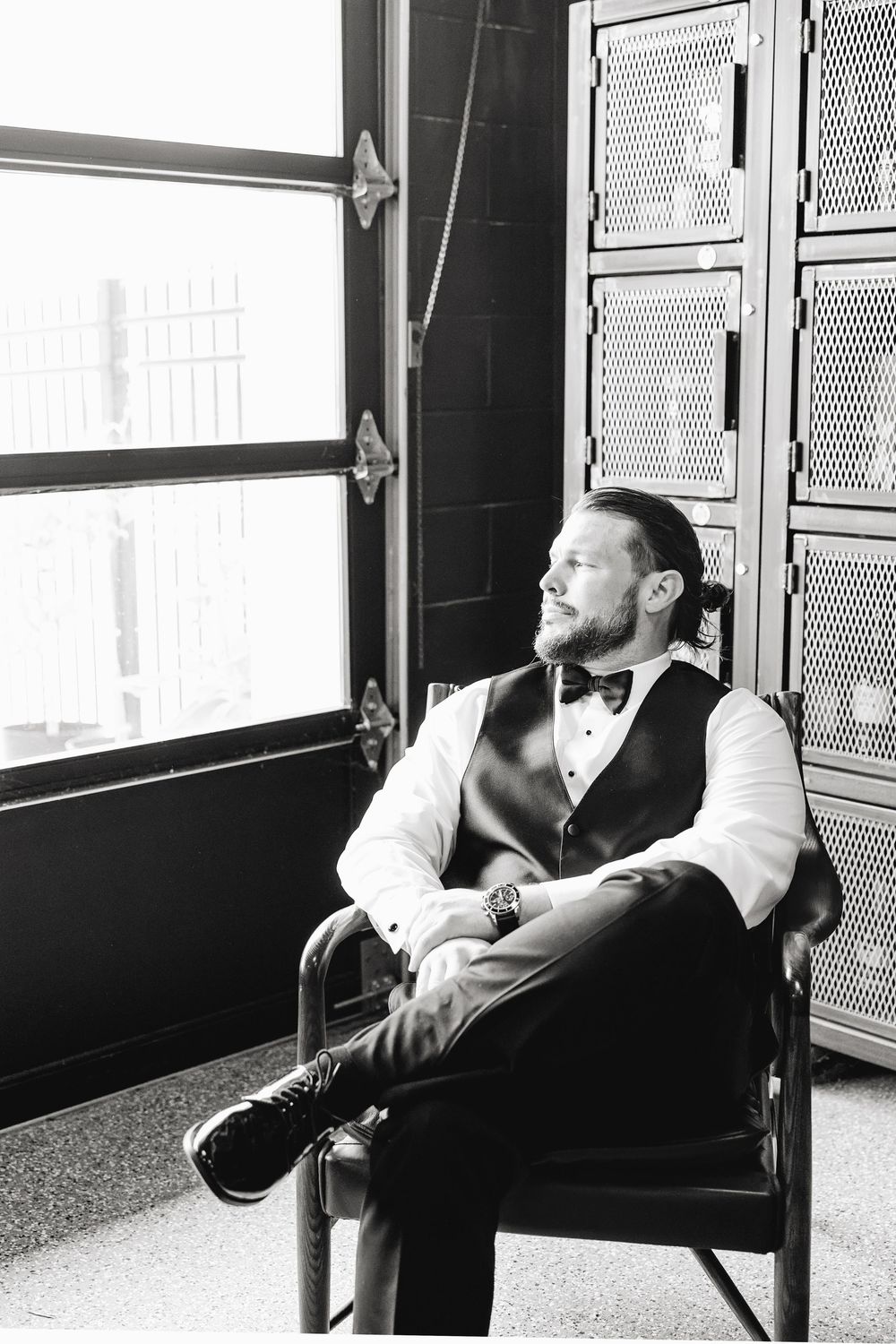 Black and white photo sequence showing a person relaxing in a chair by a window.