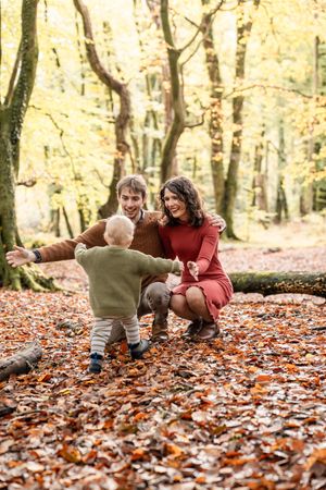 A couple lies playfully in a carpet of colorful autumn leaves in a wooded setting.