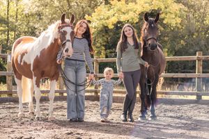 A group of people gather around horses in an outdoor paddock during a sunny autumn day.
