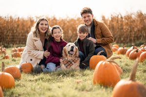A family enjoys a fall day together at a pumpkin patch with orange pumpkins scattered in the grass during sunset.