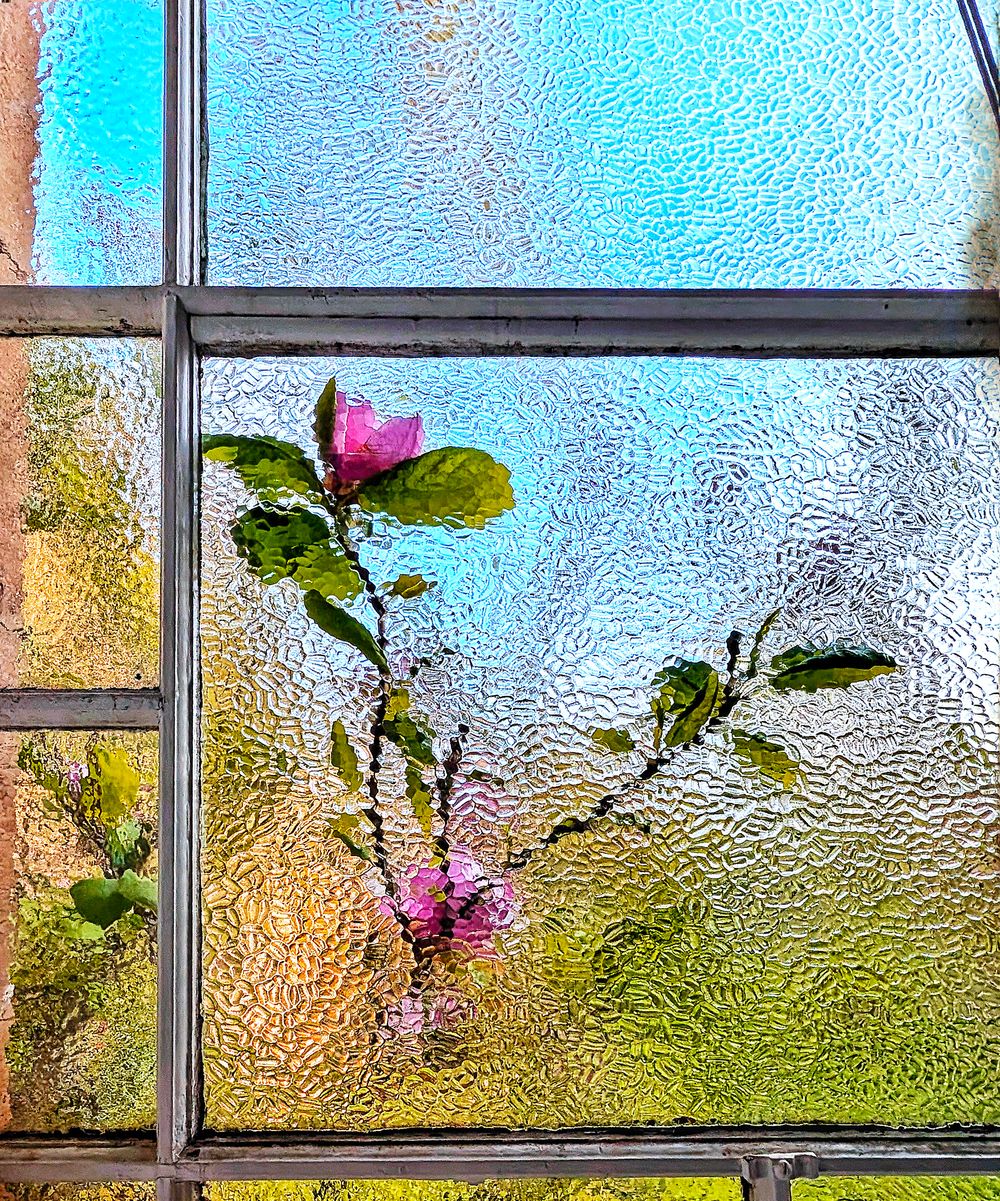 Frosted glass window panes with pink flowers and green leaves visible through the textured surface.