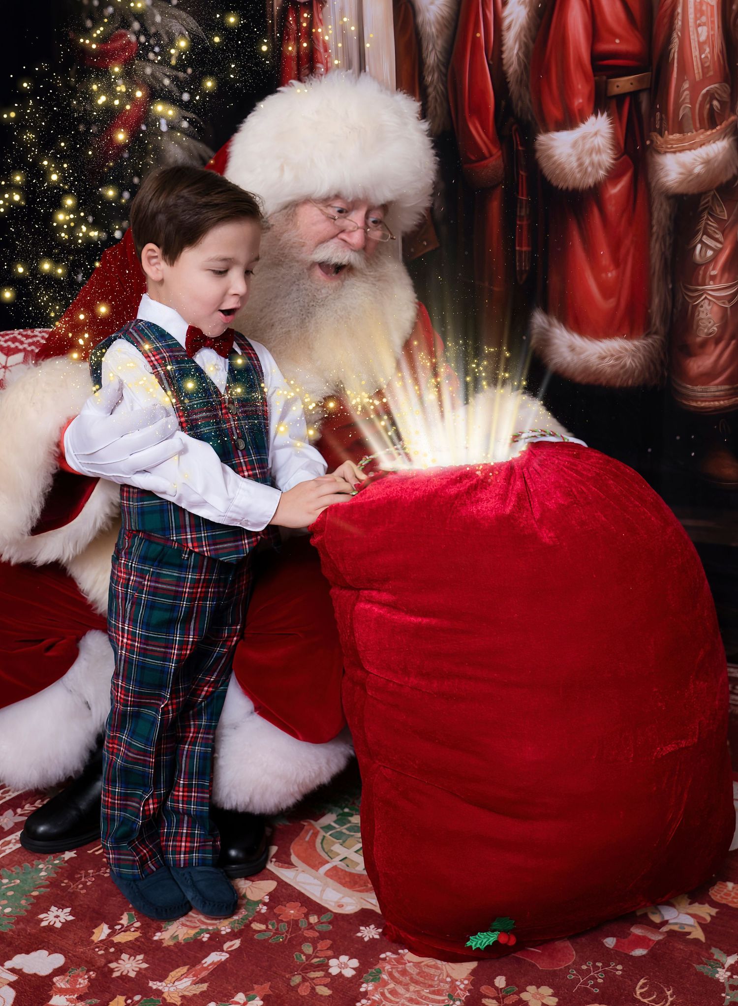 A child in a plaid outfit interacts with Santa Claus during a festive holiday photo session with twinkling lights.