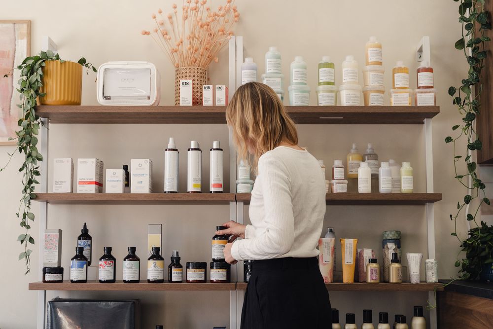 Haircare product display in Jill’s LA studio photographed for her Los Angeles branding session.