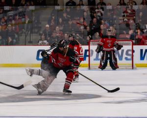 Ice hockey player in red and black jersey skates with puck during game with goalie visible in background.