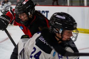 Two hockey players in black helmets and protective gear battle for position during an intense ice hockey game.