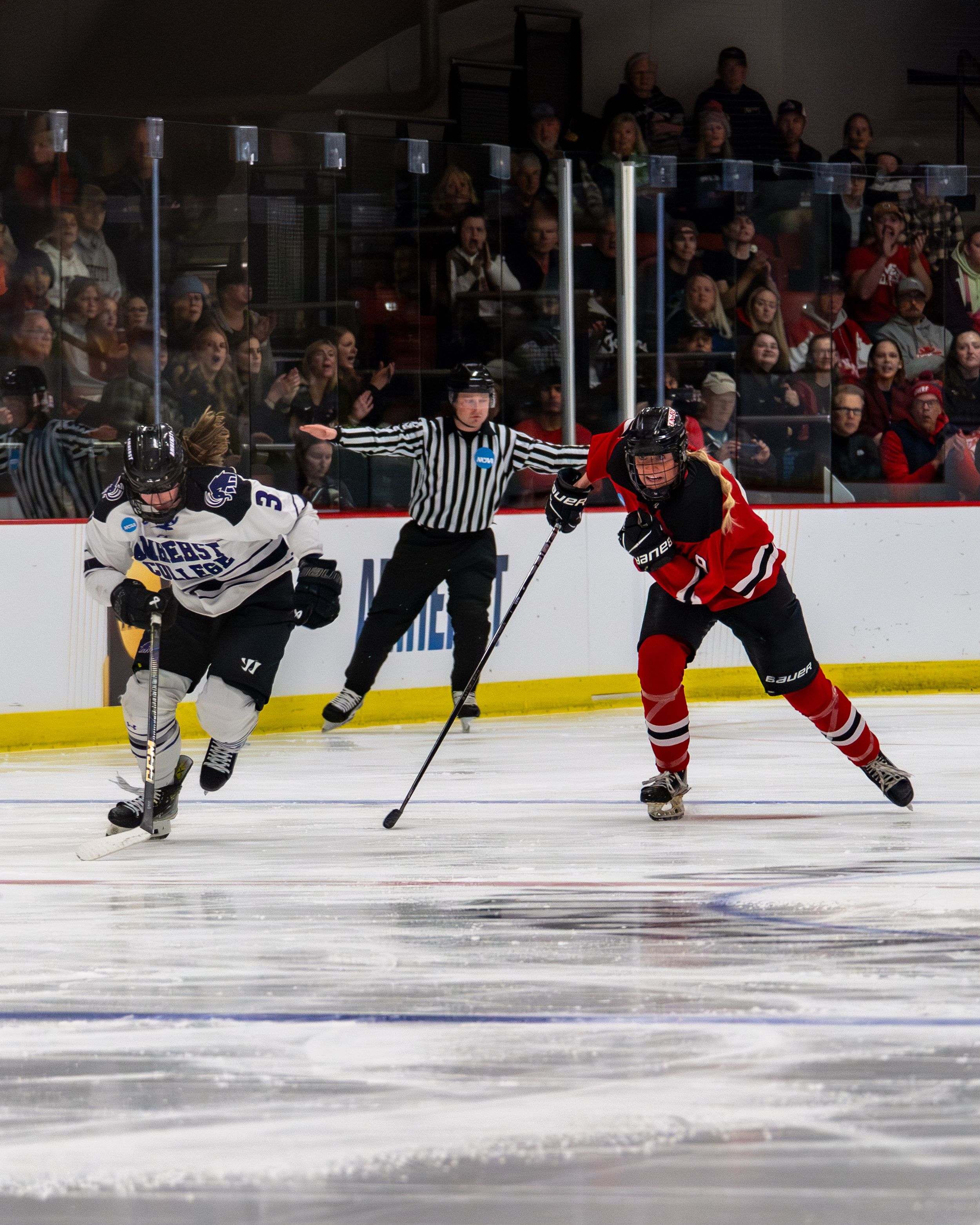 Two hockey players battle for the puck during an intense ice hockey match with officials and spectators watching.