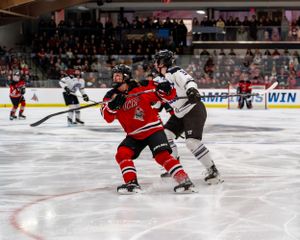 Hockey players from opposing teams battle for position during an intense checking play on the ice.