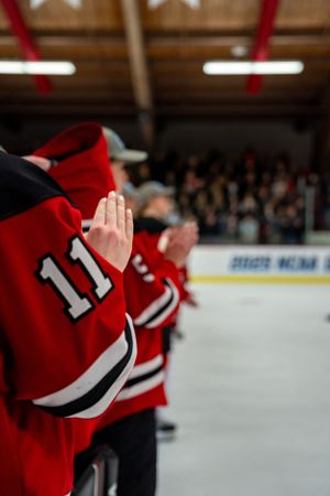 Hockey players in red jerseys clapping during a game with spectators visible in the background blurred.
