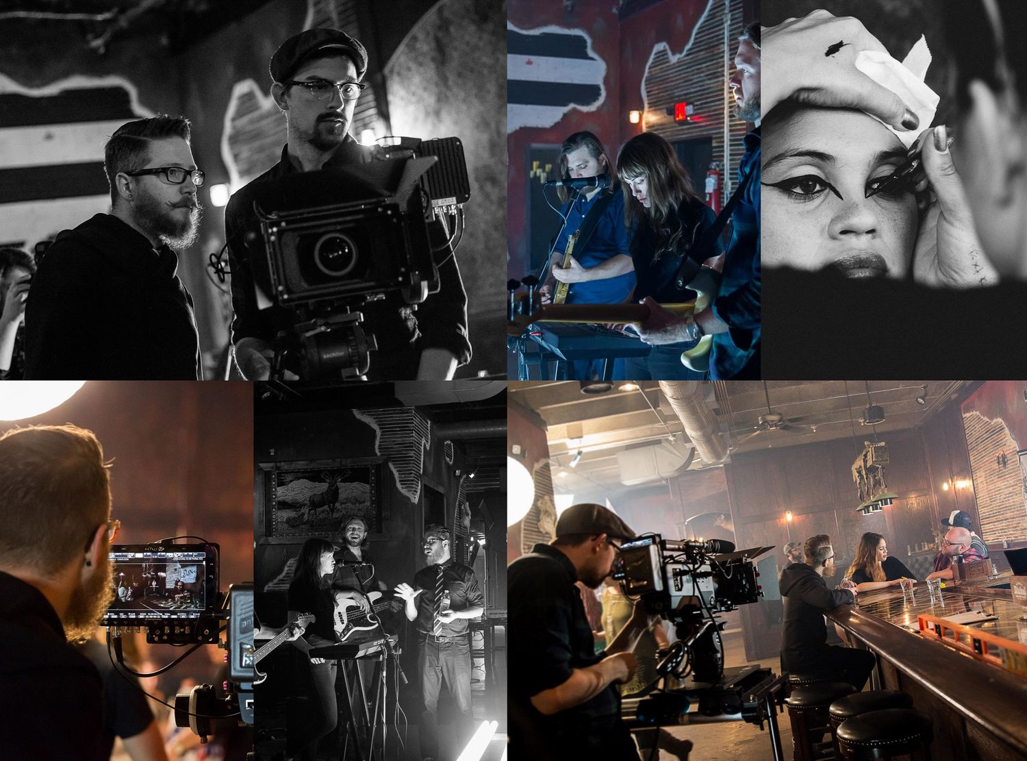 Behind the scenes collage of film production crews working with cameras and equipment.
