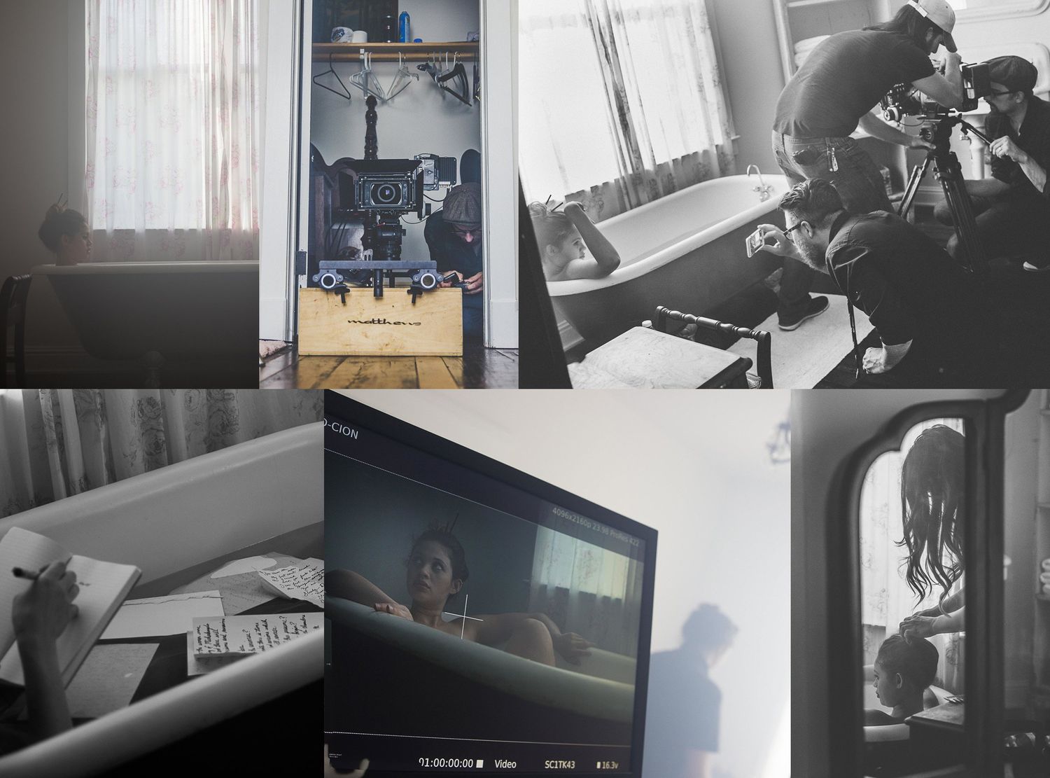 Collection of black and white behind-the-scenes photography and filmmaking moments.