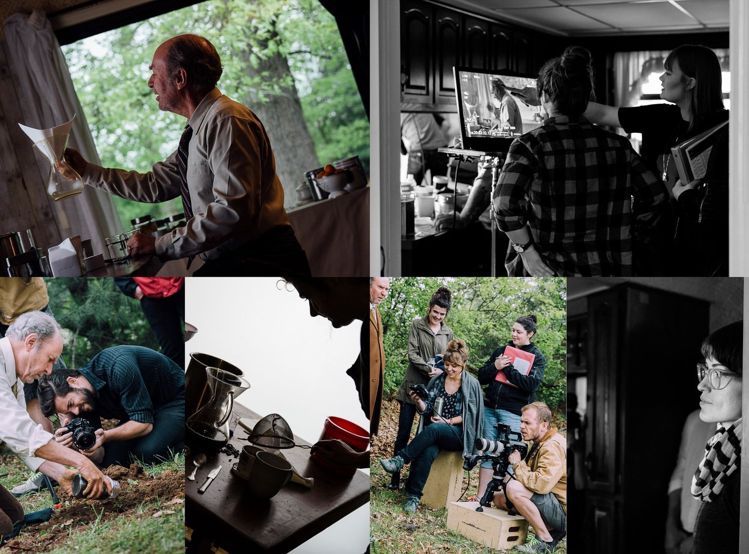 Documentary style collage showing various film production scenes indoors and outdoors.