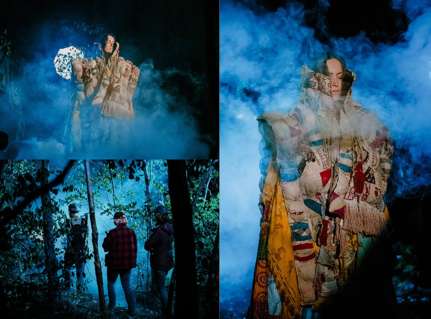 Artistic double exposure photographs with silhouettes against blue smoky background.
