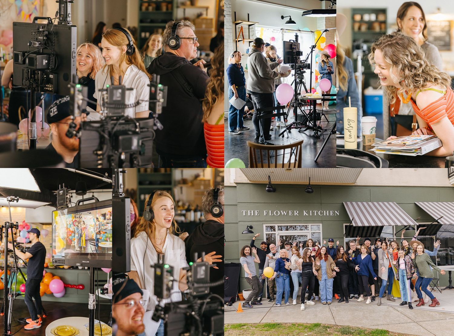 Collection of candid moments from professional video production set with crew and equipment.