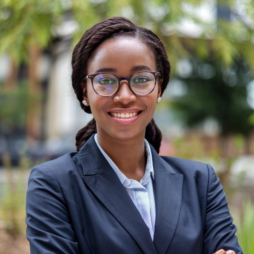 Professional wearing glasses and a dark blazer with a friendly expression in a portrait style photo.