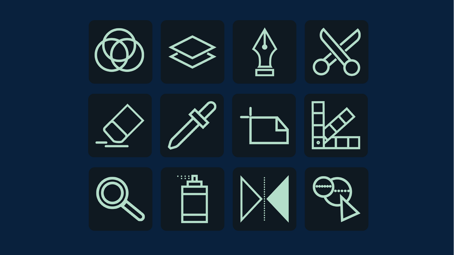 Grid layout of design tool icons in light blue on dark squares.
