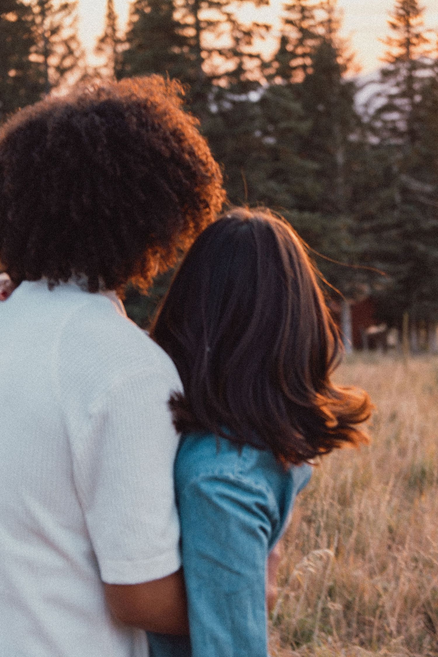 Two people standing together in a meadow at sunset with evergreen trees in the background.