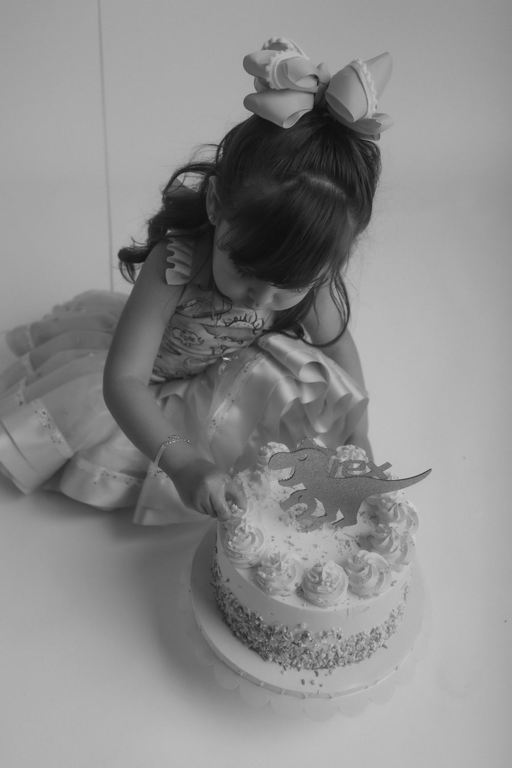 Overhead view of a cake decorating scene in black and white photography.