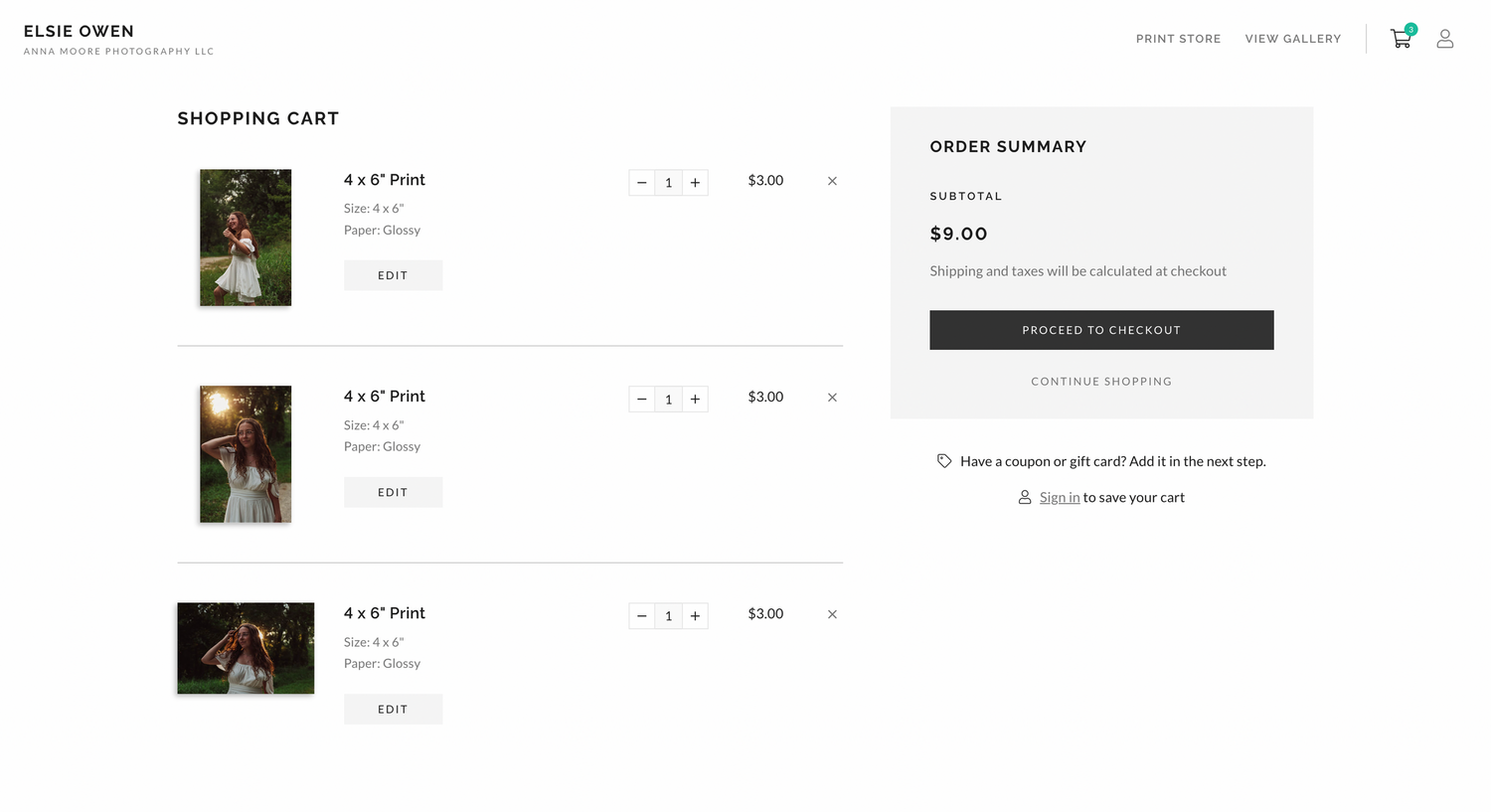 Shopping cart interface displaying photo print selections and costs.