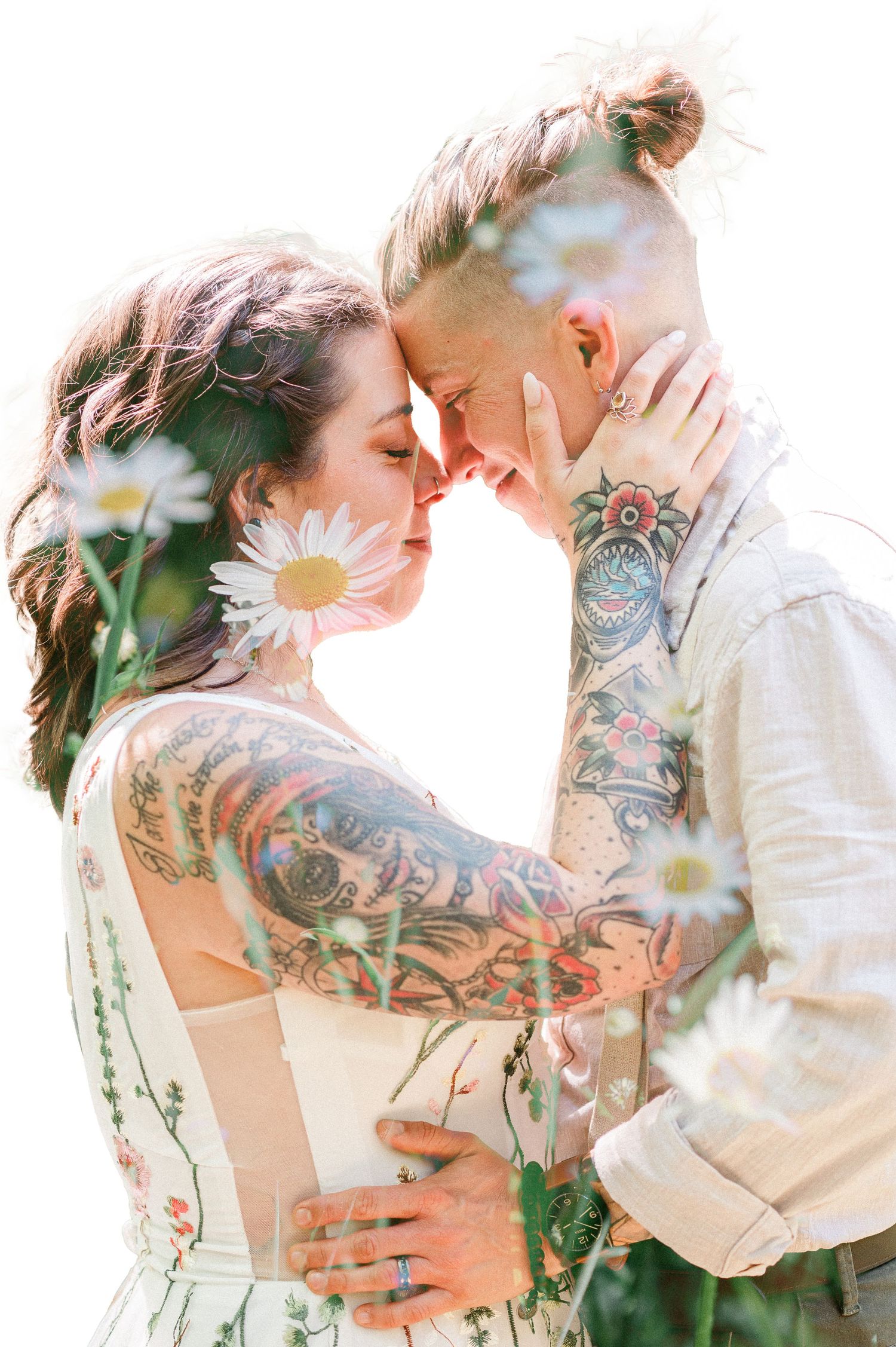 two brides with a double exposure with flowers