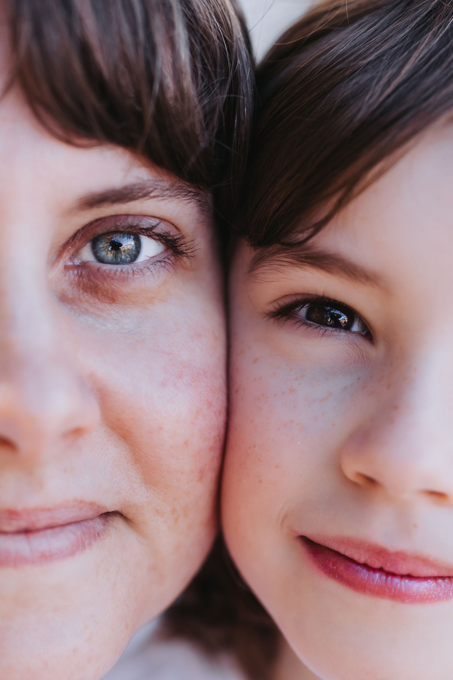 Close-up portrait collage showing facial features with warm lighting and soft expressions.