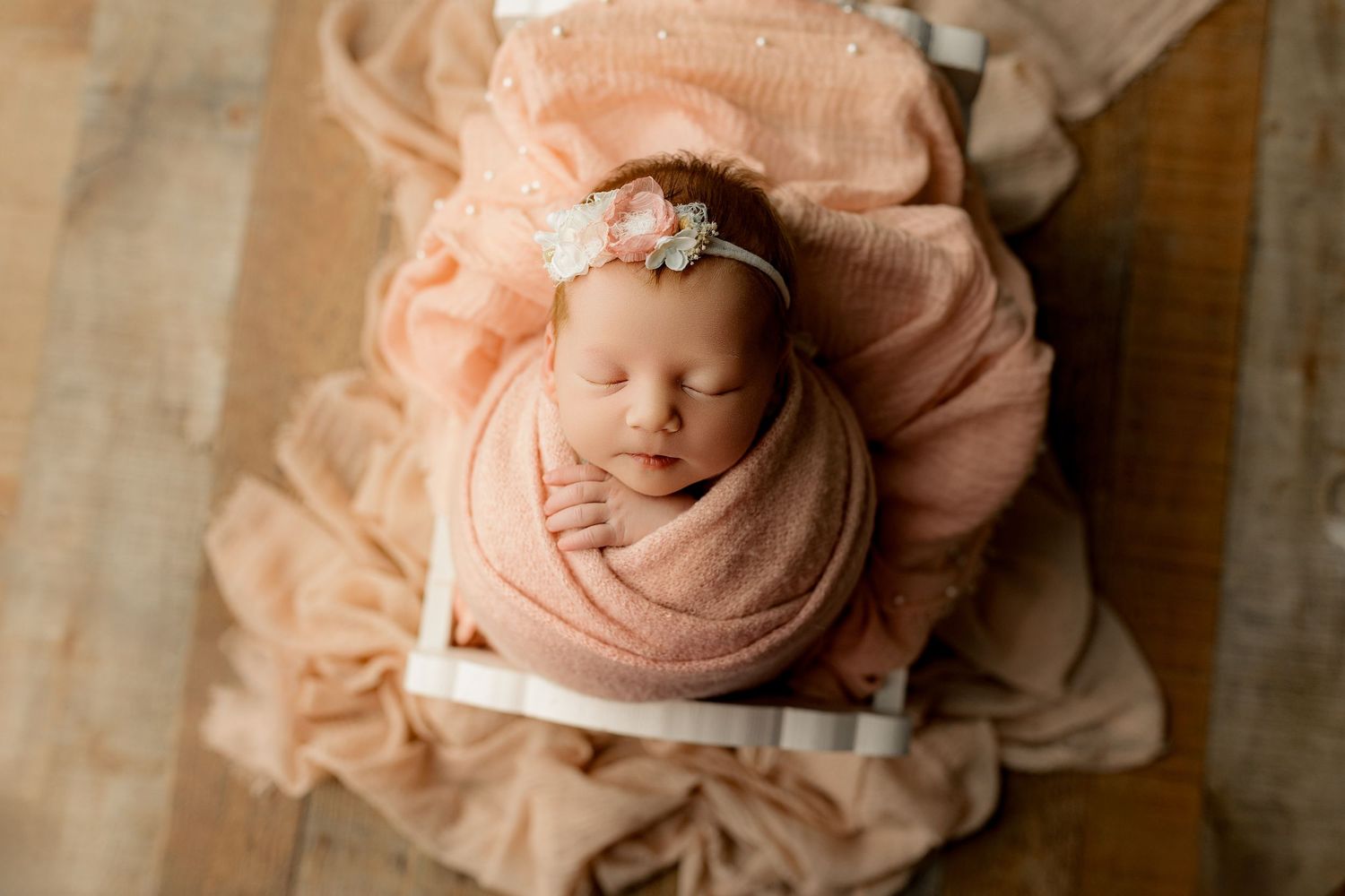 Bailey's Photography | Portsmouth OH | Newborn Studio | Columbus Ohio Baby Girl | Wrapped in Pink with Floral Headband