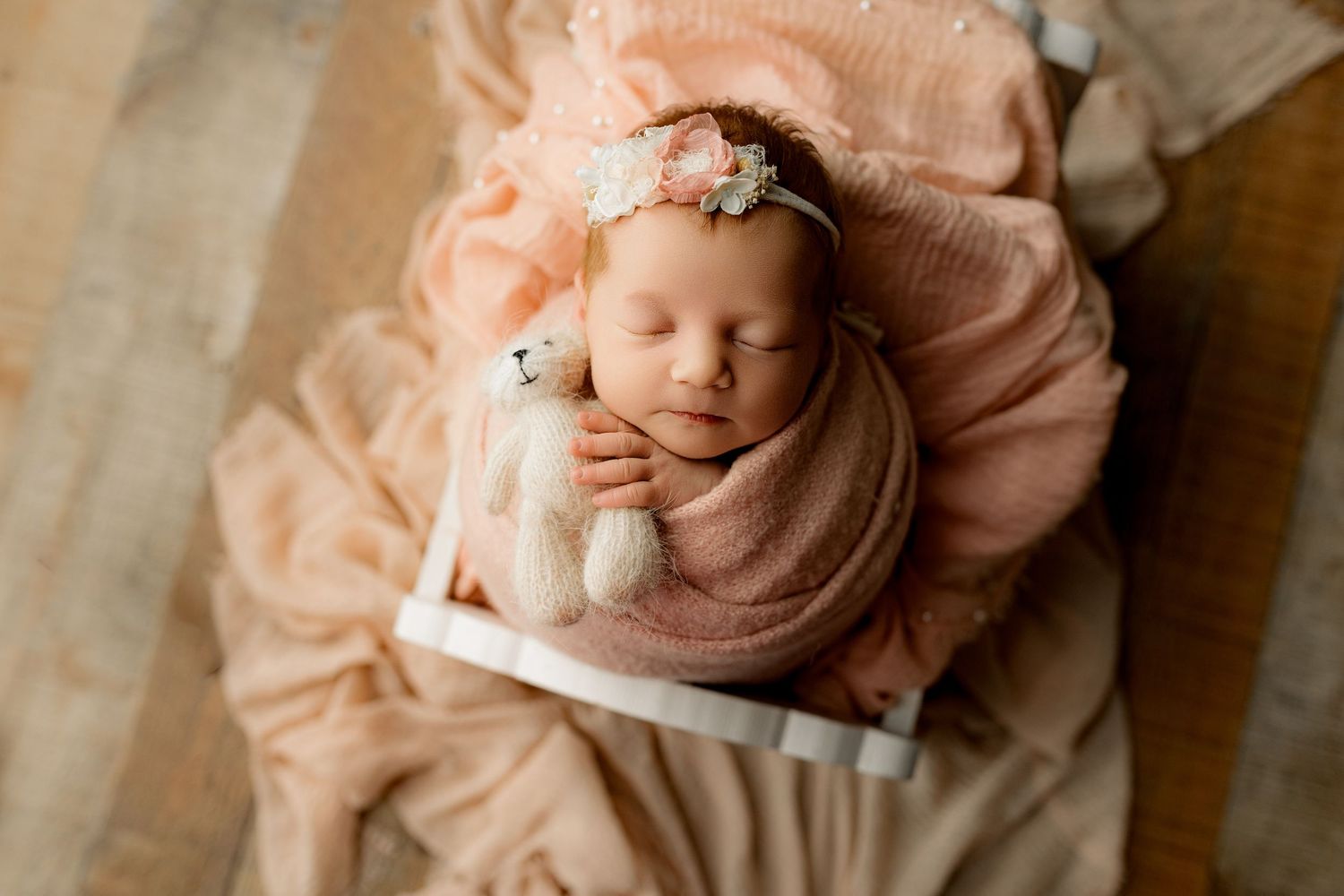 Bailey's Photography | Portsmouth OH | Newborn Studio | Columbus Ohio Baby Girl | Wrapped in Pink with Floral Headband