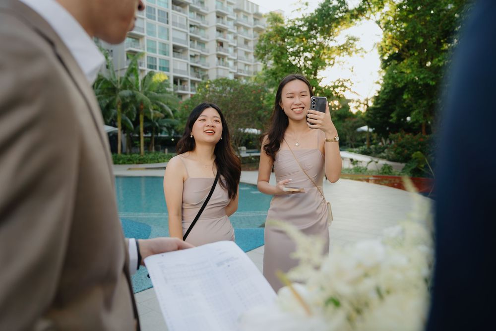 A collection of candid moments from a special occasion with people enjoying outdoor celebrations and photo sessions.