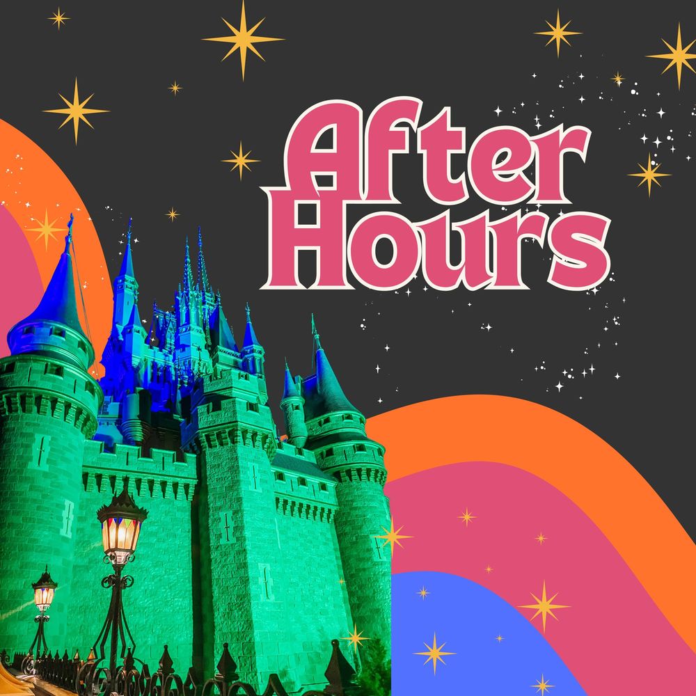 Illuminated castle silhouette at night with retro-style After Hours text and rainbow design.