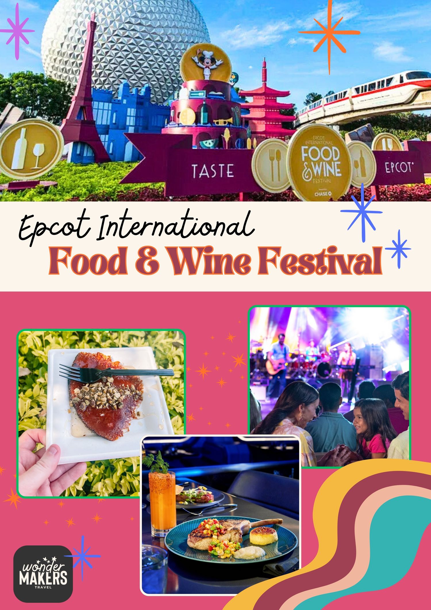 Epcot Food & Wine Festival entrance display with colorful icons and pavilions.