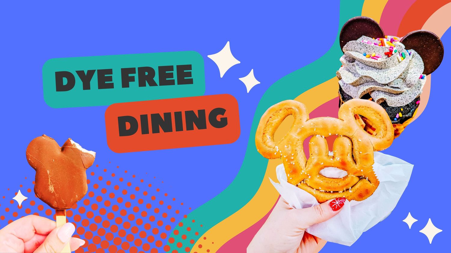 Blue and orange banner with dye-free dining text and food illustrations.
