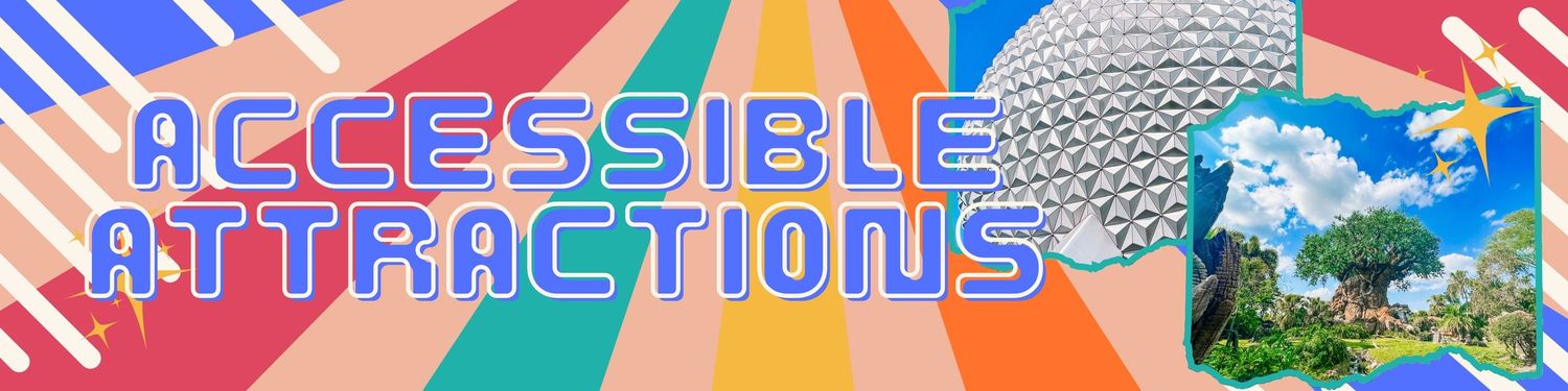 Banner design featuring 'Accessible Attractions' text with Epcot sphere and blue geometric patterns.