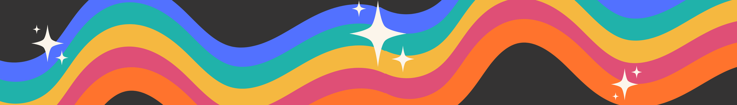 Rainbow colored wavy lines with sparkles on dark background.