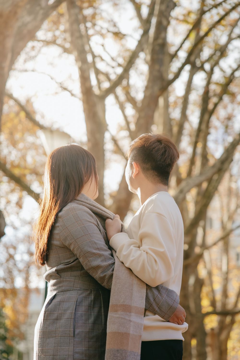 A romantic autumn photoshoot featuring a couple embracing amongst trees with golden sunlight filtering through.
