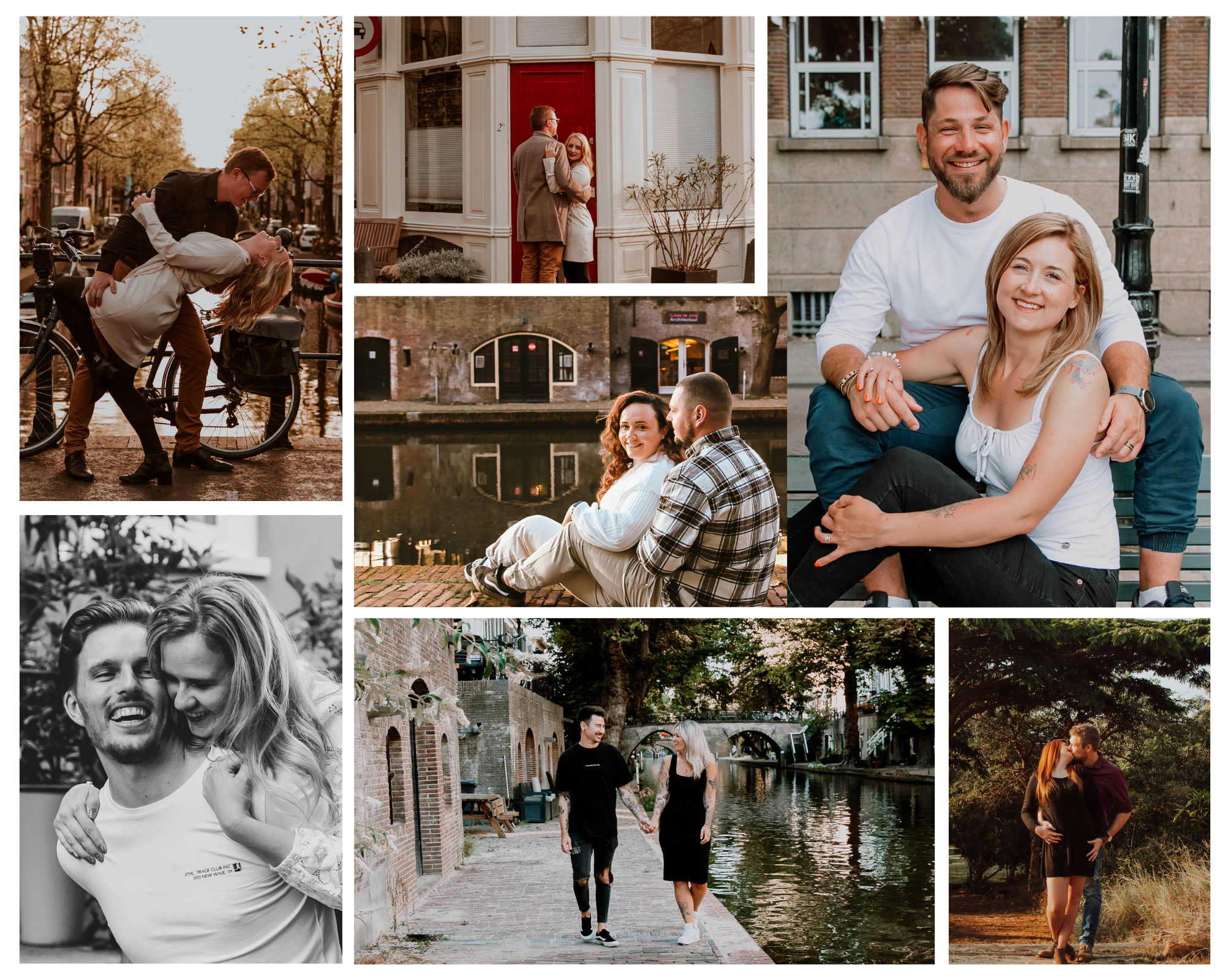 Romantic engagement photoshoot in Utrecht and Amsterdam, capturing couples in iconic city locations.